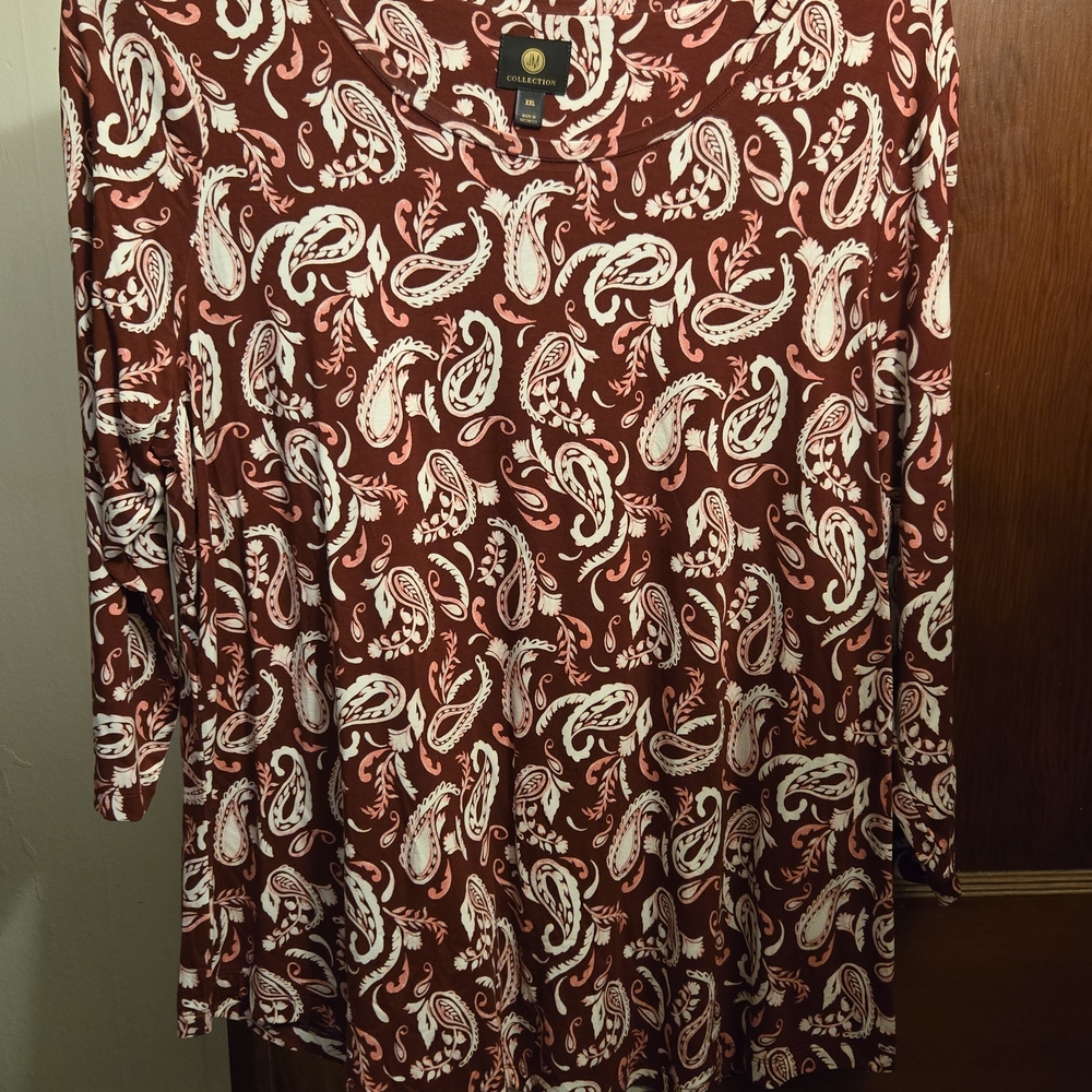 Nwt JM Collection Rust and Cream Paisley Long Sleeve Blouse